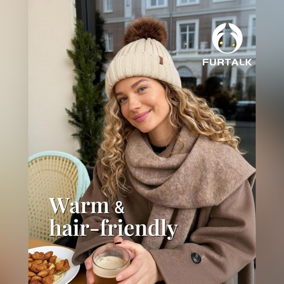 FURTALK Satin Lined Pom Pom Beanie Beige Faux Fur Knit Hat New - Picture 5 of 9